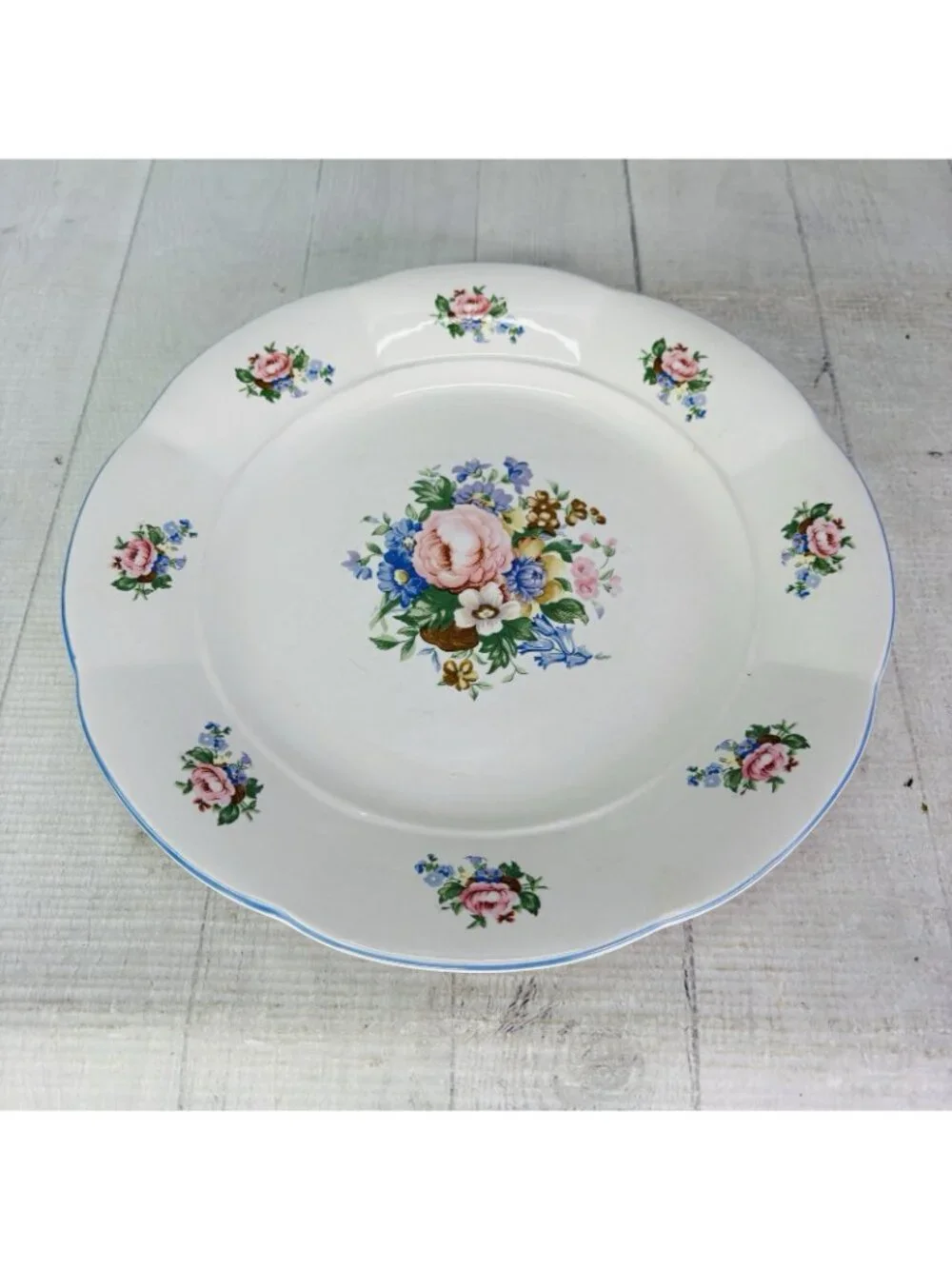 Vintage Tabletops Unlimited TAU71 Floral Blue Trim Oven Safe Dinner Plates Set 2